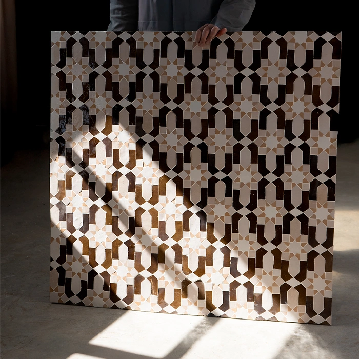 Brown and beige zellige tile pattern with moroccan design
